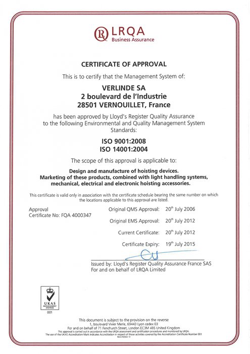 VERLINDE SA certified ISO 14001 – 2004